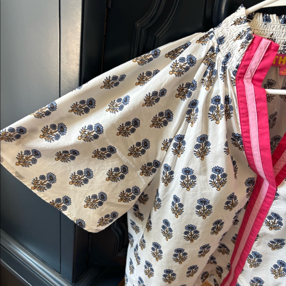 THML White Floral Cotton Peasant Blouse with Pink Trim - Picture 3 of 4